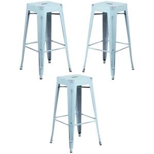 Home Square 30&quot Metal Backless Bar Stool in Distressed Green-Blue - Set of 3