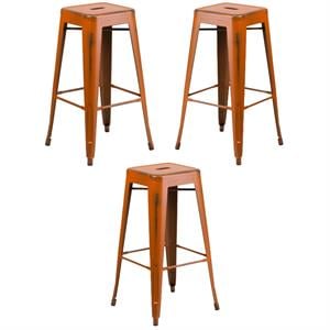 Home Square 30&quot Metal Backless Bar Stool in Distressed Orange - Set of 3