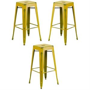 Home Square 30&quot Metal Backless Bar Stool in Distressed Yellow - Set of 3