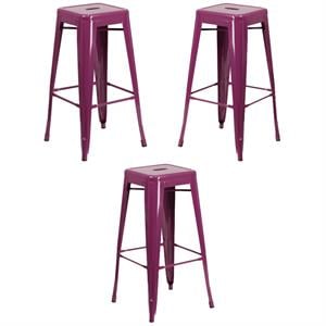 Home Square 30&quot Metal Backless Bar Stool in Purple - Set of 3