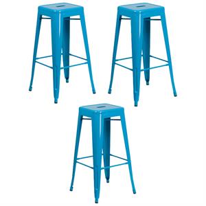Home Square 30&quot Metal Backless Bar Stool in Crystal Blue - Set of 3
