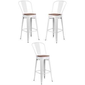 Home Square 30&quot Metal Bar Stool in White and Wood Grain - Set of 3