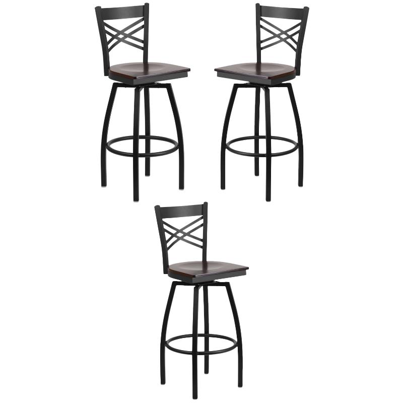 Home Square Metal Restaurant Swivel Bar Stool in Black and Walnut - Set of 3