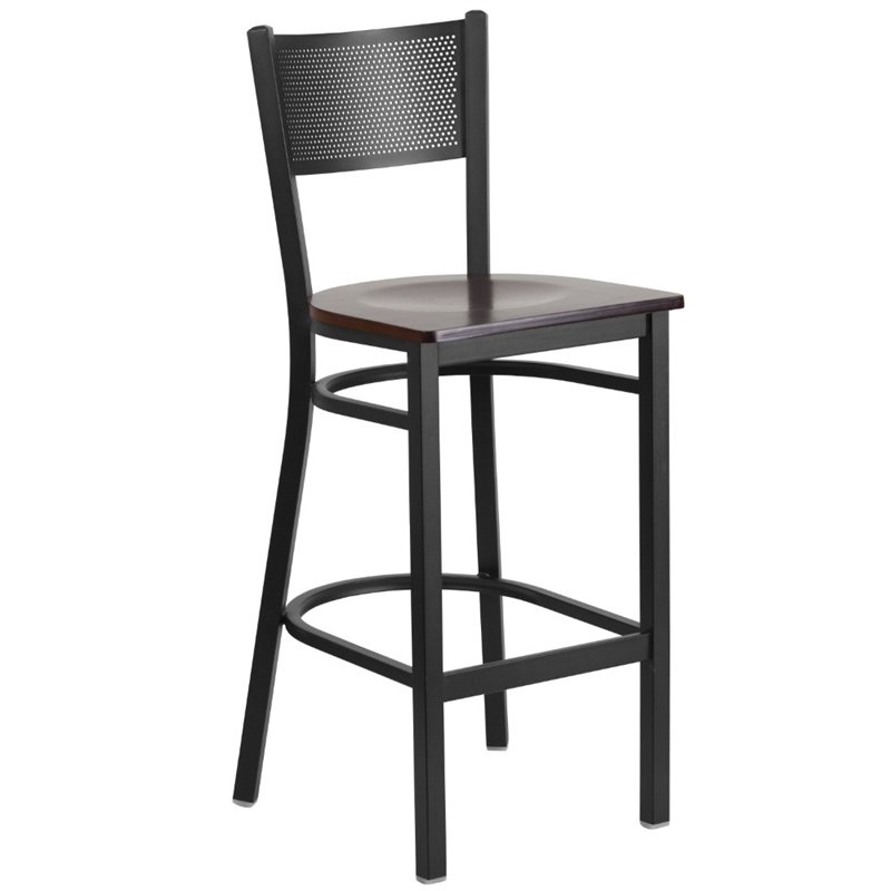 Home Square Metal Grid Back Bar Stool in Black & Walnut - Set of 3