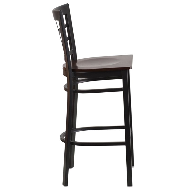 Home Square Metal Window Back Bar Stool in Black and Walnut - Set of 3