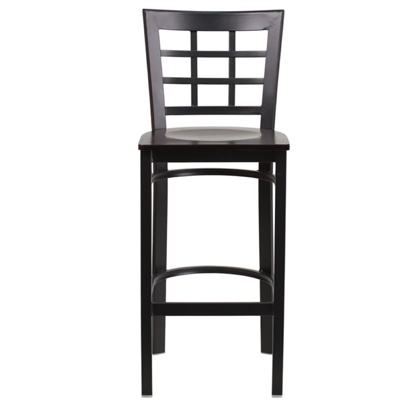 Home Square Metal Window Back Bar Stool in Black and Walnut - Set of 3