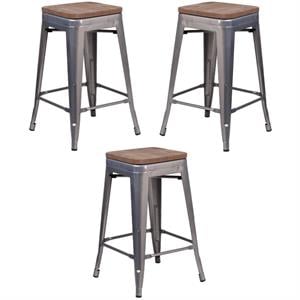 Home Square 24&quot Backless Metal Counter Stool in Gray - Set of 3