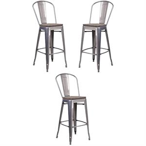 Home Square 30&quot Metal Bar Stool in Gray and Wood Grain - Set of 3