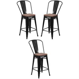 Home Square 24&quot Metal Counter Stool in Black and Wood Grain - Set of 3