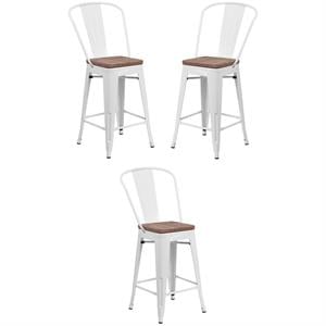 Home Square 24&quot Metal Counter Stool in White and Wood Grain - Set of 3