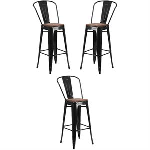 Home Square 30&quot Metal Bar Stool in Black and Wood Grain - Set of 3