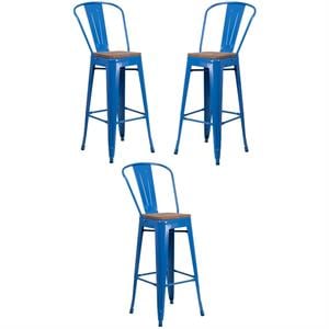 Home Square 30&quot Metal Bar Stool in Blue and Wood Grain - Set of 3