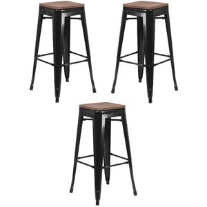 Home Square 30&quot Backless Metal Bar Stool in Black and Wood Grain - Set of 3