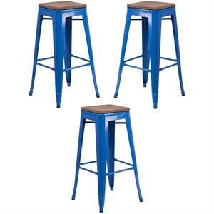 Home Square 30&quot Backless Metal Bar Stool in Blue and Wood Grain - Set of 3