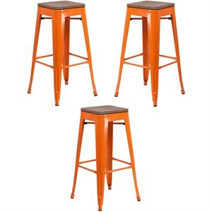 Home Square 30&quot Backless Metal Bar Stool in Orange and Wood Grain - Set of 3