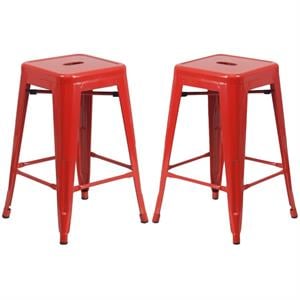 Home Square 24&quot Metal Backless Counter Stool in Red - Set of 2