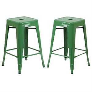 Home Square 24&quot Metal Backless Counter Stool in Green - Set of 2