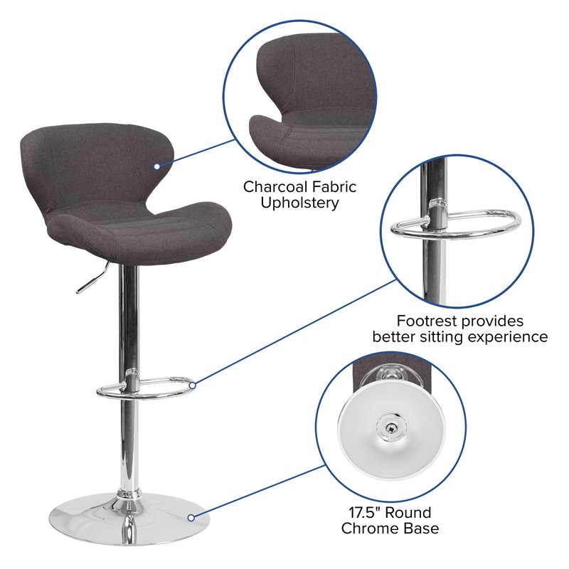 Home Square Charcoal Fabric Adjustable Bar Stool in Black Finish - Set of 2