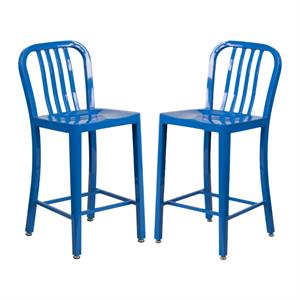 Home Square 24&quot Metal Vertical Slat Back Counter Stool in Blue - Set of 2