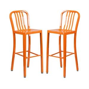 Home Square 30&quot Metal Vertical Slat Back Bar Stool in Orange - Set of 2