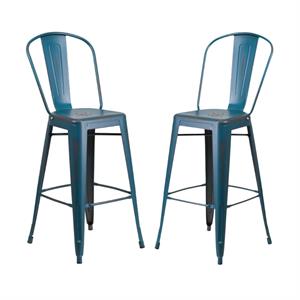 Home Square 30&quot Metal Bar Stool in Distressed Kelly Blue - Set of 2