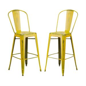 Home Square 30&quot Metal Curved Slat Back Bar Stool in Distressed Yellow - Set of 2