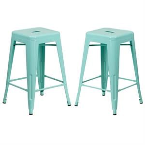 Home Square 24&quot Metal Backless Counter Stool in Mint Green - Set of 2