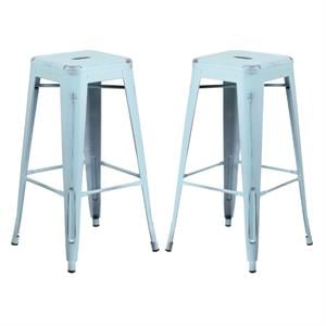 Home Square 30&quot Metal Backless Bar Stool in Distressed Green-Blue - Set of 2