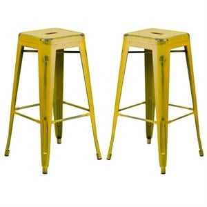 Home Square 30&quot Metal Backless Bar Stool in Distressed Yellow - Set of 2