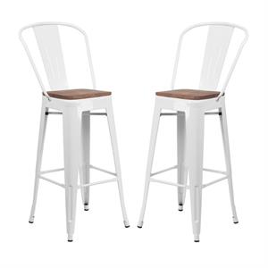 Home Square 30&quot Metal Bar Stool in White and Wood Grain - Set of 2