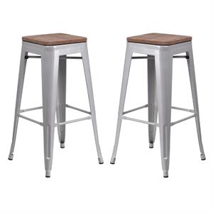 Home Square 30&quot Backless Metal Bar Stool in Silver and Wood Grain - Set of 2