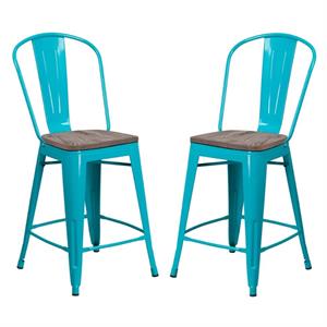 Home Square 24&quot Metal Counter Stool in Crystal Teal and Wood Grain - Set of 2