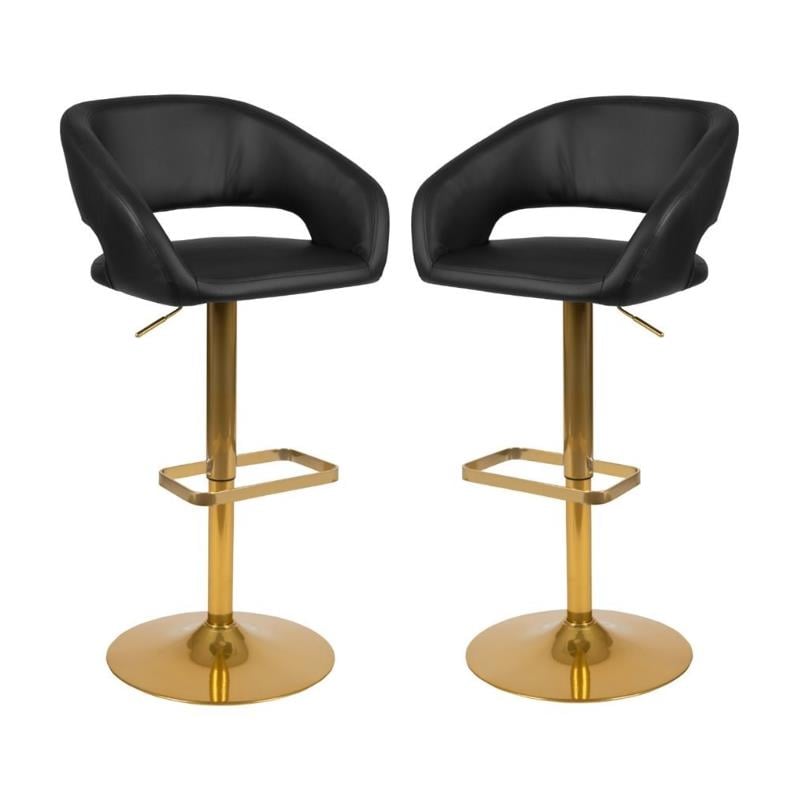 Home Square Faux Leather Adjustable Bar Stool in Black and Gold - Set of 2