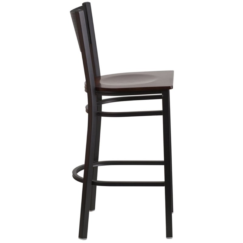 Home Square Metal Grid Back Bar Stool in Black & Walnut - Set of 2