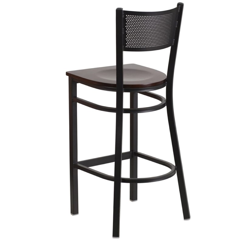 Home Square Metal Grid Back Bar Stool in Black & Walnut - Set of 2