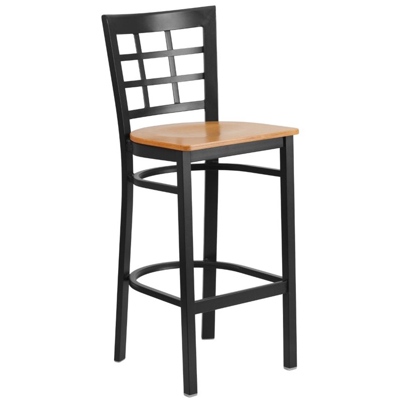 Home Square Metal Window Back Bar Stool in Black and Natural Finish - Set of 2