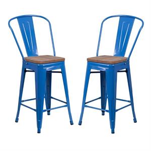 Home Square 24&quot Metal Counter Stool in Blue and Wood Grain - Set of 2