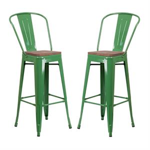 Home Square 30&quot Metal Bar Stool in Green and Wood Grain - Set of 2