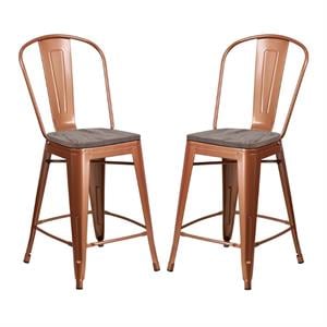 Home Square 24&quot Metal Counter Stool in Copper and Wood Grain - Set of 2