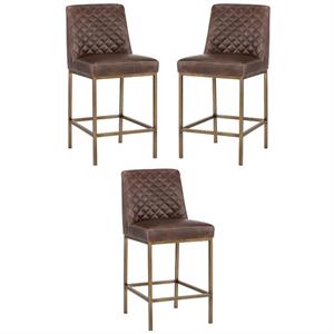 Home Square Leighland 26&quot Faux Leather Counter Stool in Brown - Set of 3
