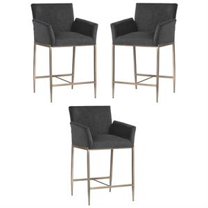 Home Square Gesa 28&quot Fabric Counter Stool in Kohl Gray/Antique Brass - Set of 3