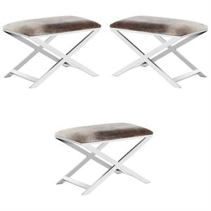 Home Square Sahara 29.5&quot Cowhide Leather Stool in Silver/Gray - Set of 3