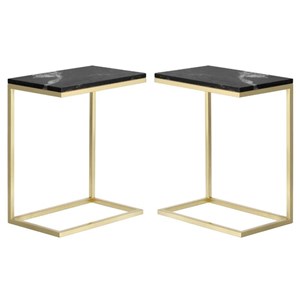 Home Square Amell 20&quot Contemporary Marble C-shaped End Table in Black - Set of 2