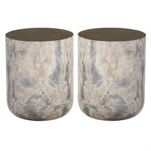 Home Square Diaz 16&quot Drum Modern Concrete End Table in Antique Brass - Set of 2
