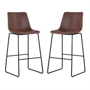 Home Square Cal 30&quot Faux Leather and Wood Barstool in Antique Brown - Set of 2