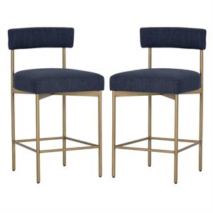 Home Square Seneca 26&quot Fabric Counter Stool in Blue/Antique Brass - Set of 2