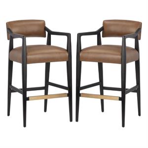 Home Square Keagan 31.5&quot Leather and Solid Oak Wood Barstool in Brown - Set of 2