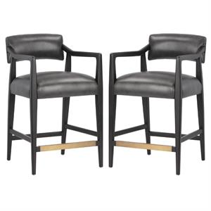 Home Square Keagan 26.5&quot Mid-Century Leather Counter Stool in Black - Set of 2