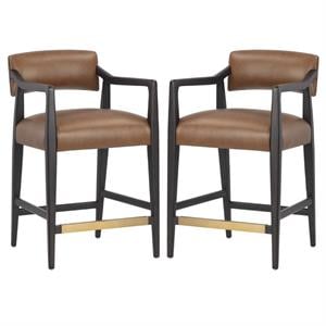 Home Square Keagan 26.5&quot Leather Counter Stool in Black/Brown - Set of 2