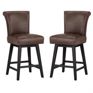Home Square Hamlet 26&quot Faux Leather Swivel Counter Stool in Brown - Set of 2